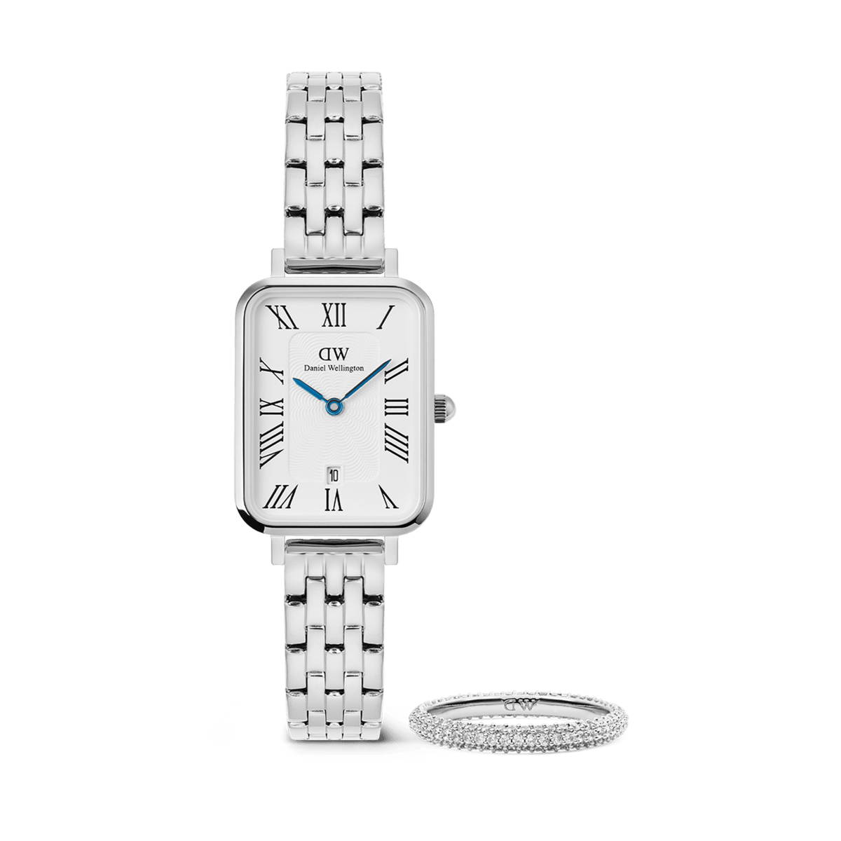 A rectangular Daniel Wellington Quadro 5-Link silver watch with a five-link stainless steel strap and Roman numeral dial, paired with a slim silver Pavé Ring featuring pavé crystal detailing, both displayed against a plain background.