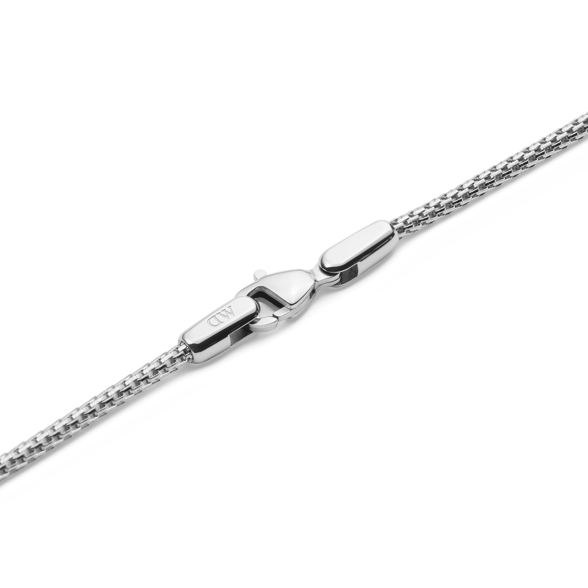 Detail of the Tide Mesh Necklace Silver 1.8 showing the polished silver mesh chain and secure lobster clasp, highlighting the fine craftsmanship and quality stainless steel.