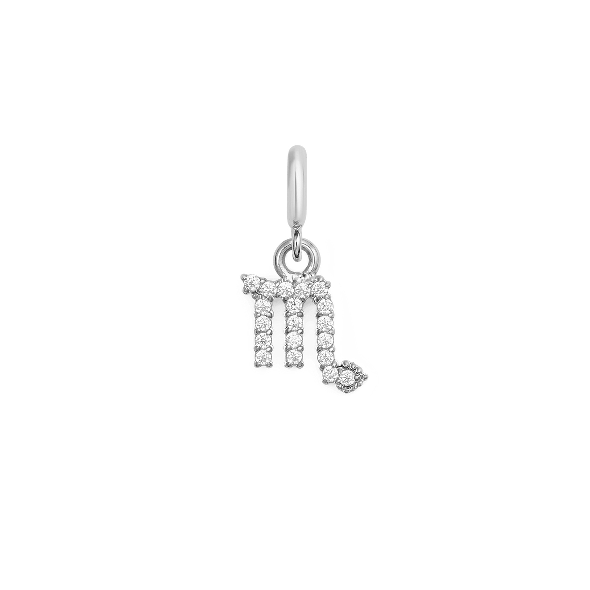 Scorpio zodiac watch charm in polished silver, featuring a sparkling astrological symbol with cubic zirconia crystals, designed for Daniel Wellington watches or bracelets.
