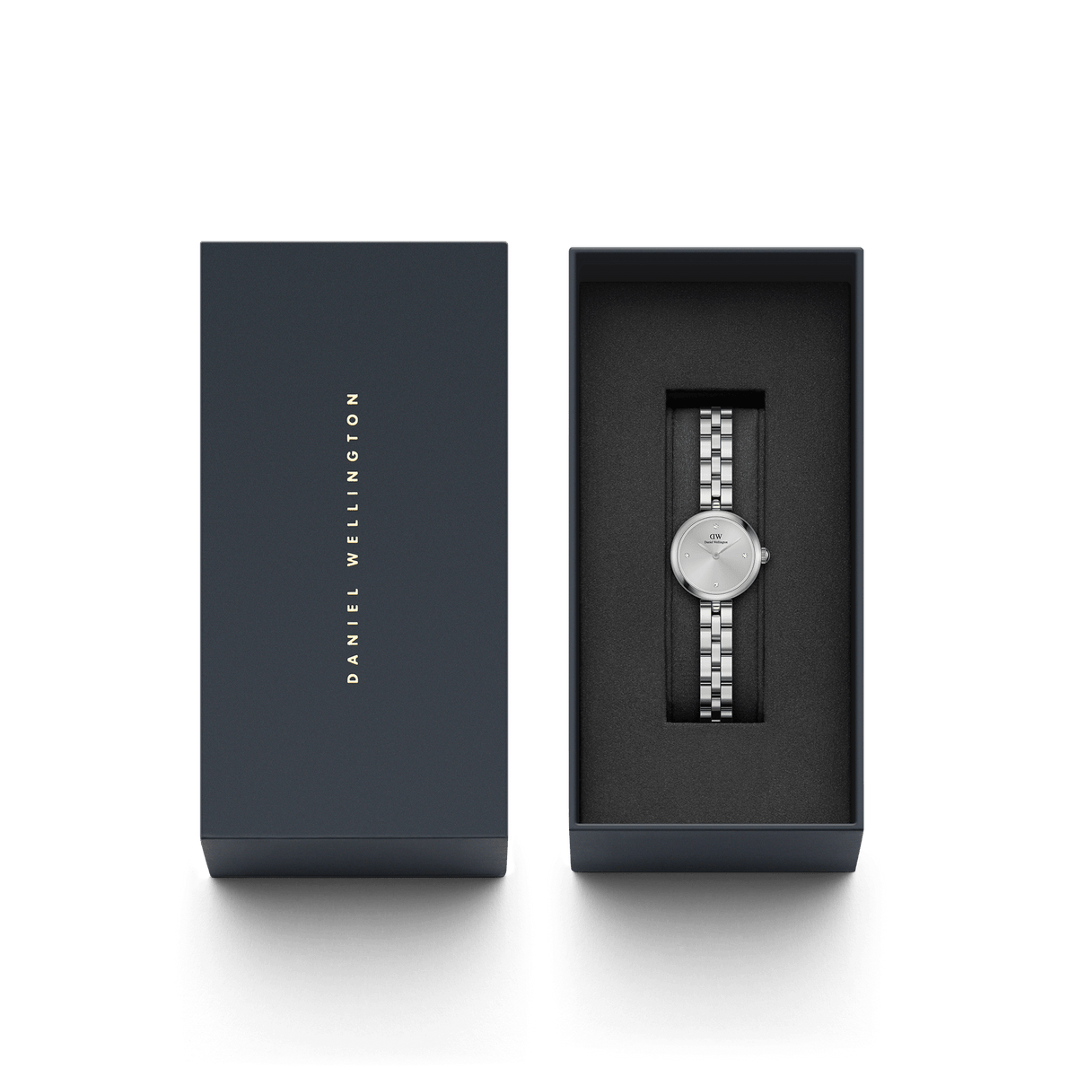 Elan Lumine Unitone Silver ladies watch with a stainless steel link bracelet and minimalist silver dial, elegantly presented in a branded Daniel Wellington gift box.