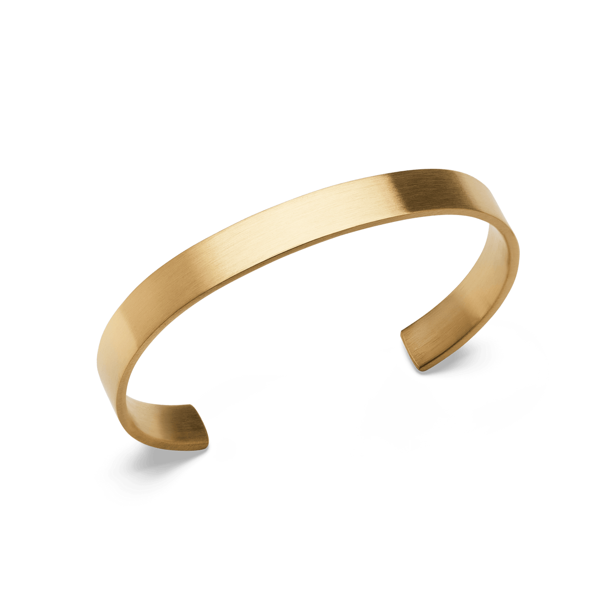 Line Cuff Brushed Gold displays a slim, open cuff bracelet in brushed gold-tone stainless steel, featuring a minimalist design and smooth, contoured edges.