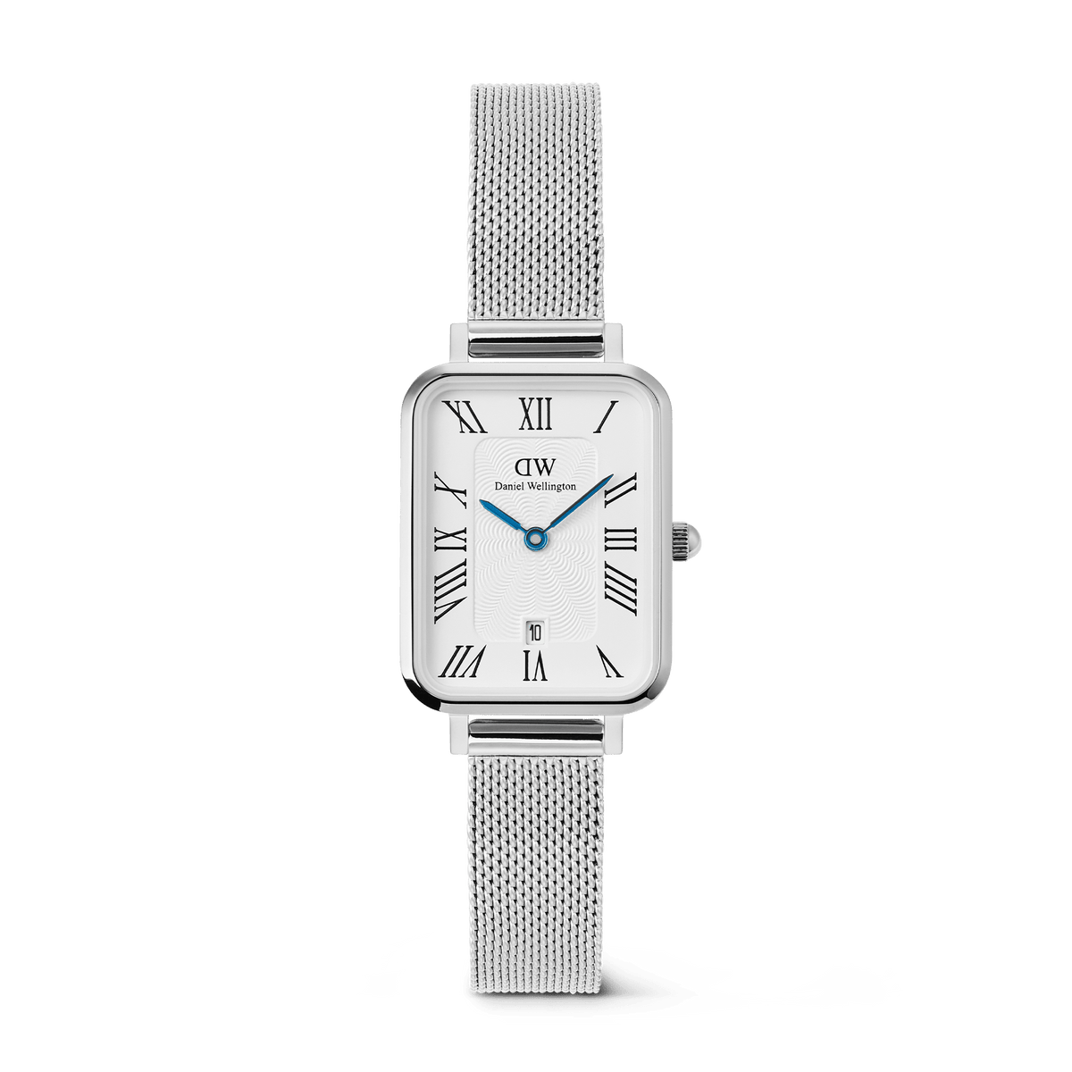 Quadro Sterling Roman Numerals Date ladies watch with a rectangular silver case, white dial featuring Roman numerals, blue hands, date window at 6 o’clock, and a polished silver mesh strap.