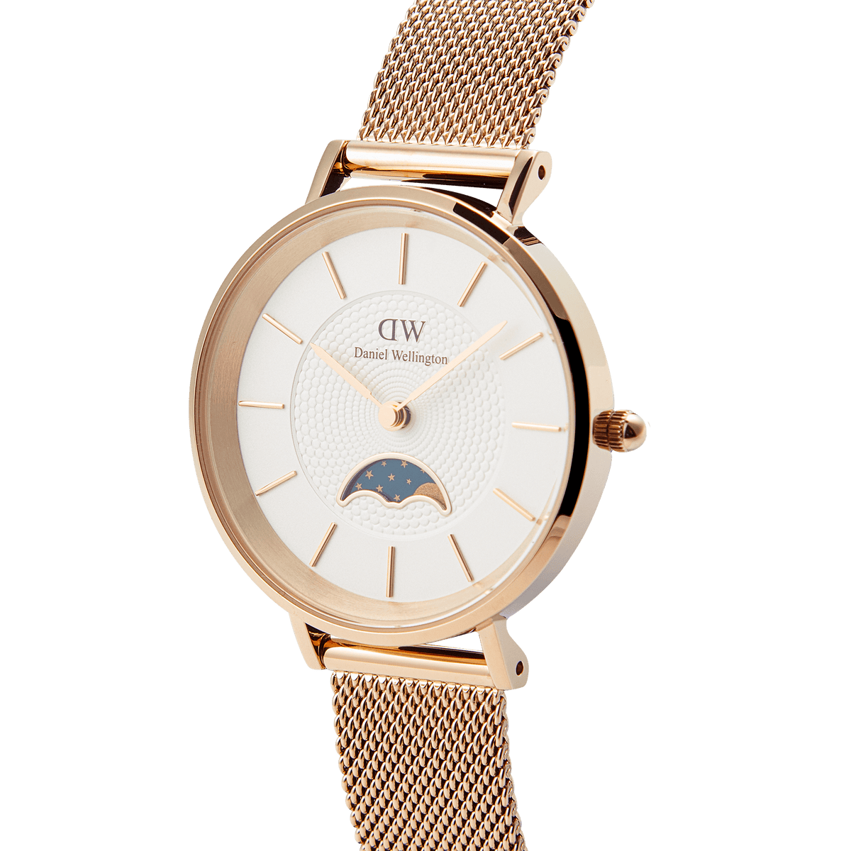 Petite Lune Melrose ladies watch in rose gold with a slim mesh strap, white textured dial, and a distinctive moon-phase sub-dial, offering a refined look for everyday wear.