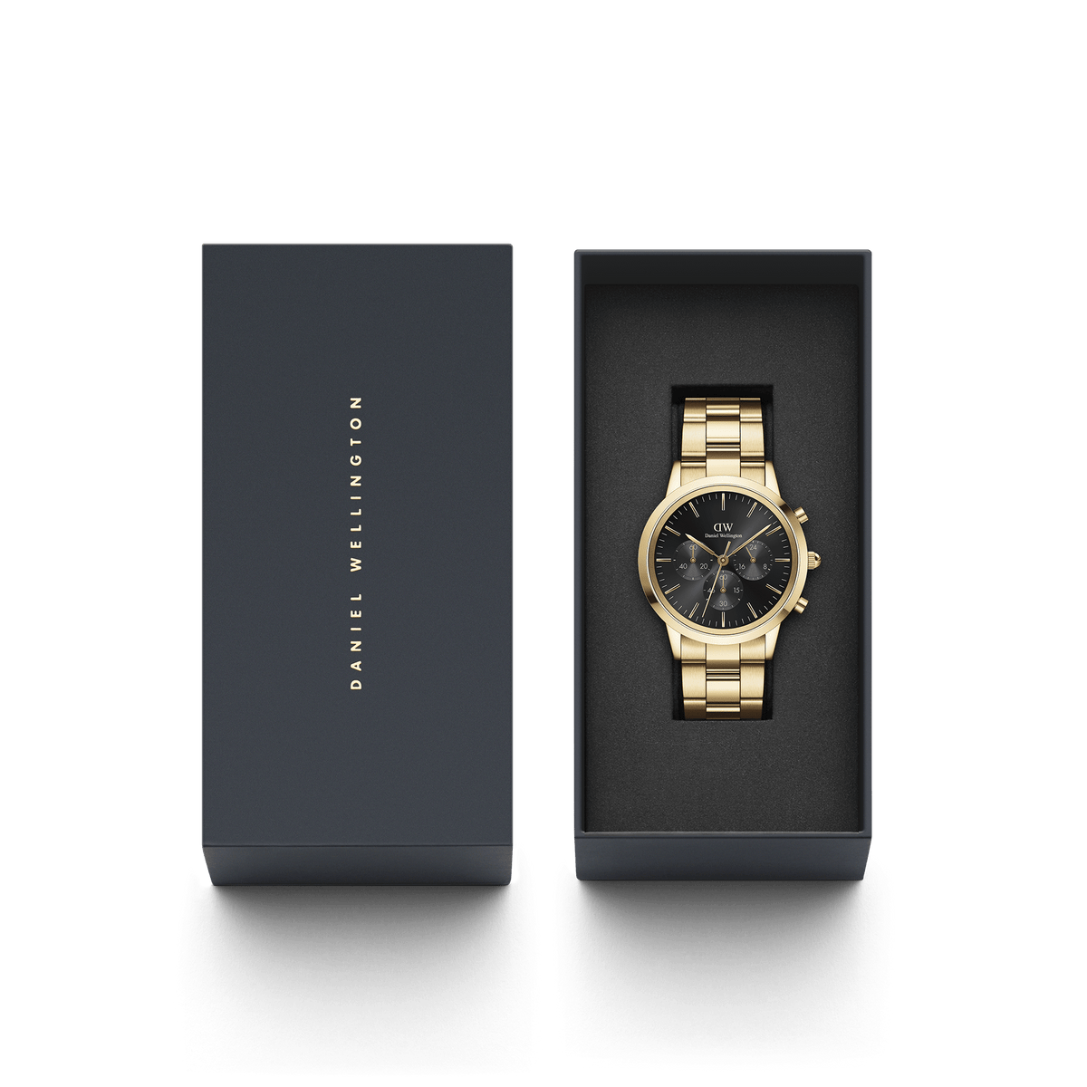 Iconic Chronograph Link Onyx G men's gold watch with a black sunray dial and chronograph features, elegantly presented in a Daniel Wellington gift box, ideal for special occasions.