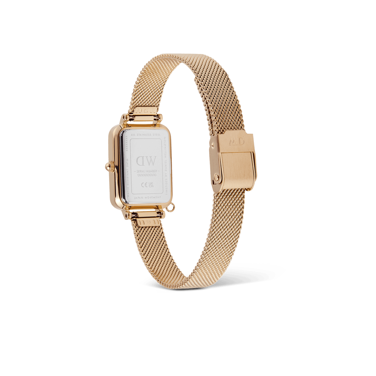 Rear view of the Quadro Crystal Zodiac Evergold Set gold ladies watch by Daniel Wellington, showing the stainless steel case back and adjustable gold mesh strap with secure clasp.