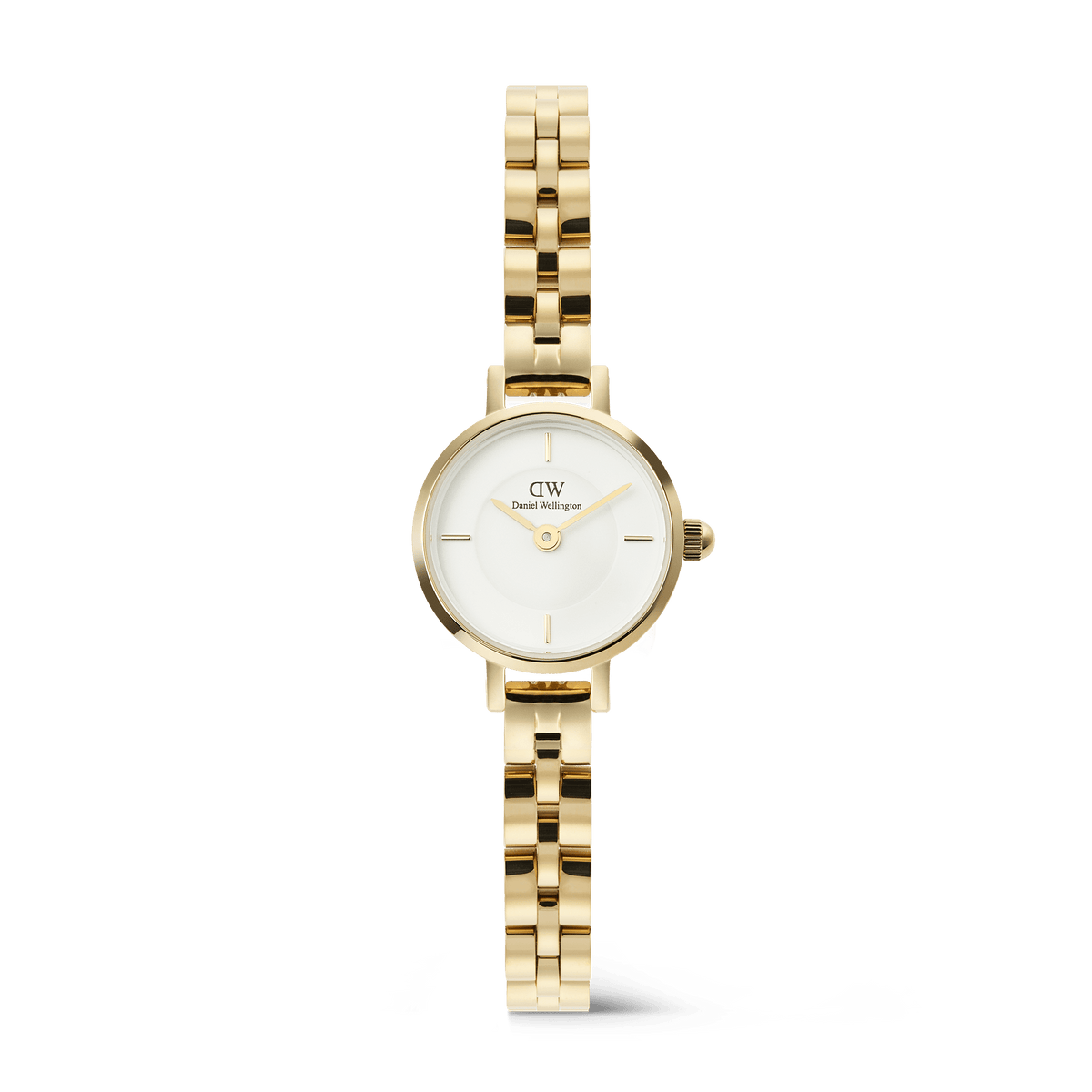 Petite Mini Arch 3-link White Gold women’s watch with a petite 19mm gold case, crisp white dial, minimalist gold indices, and a slim three-link gold bracelet featuring an arched design for a refined, modern look.