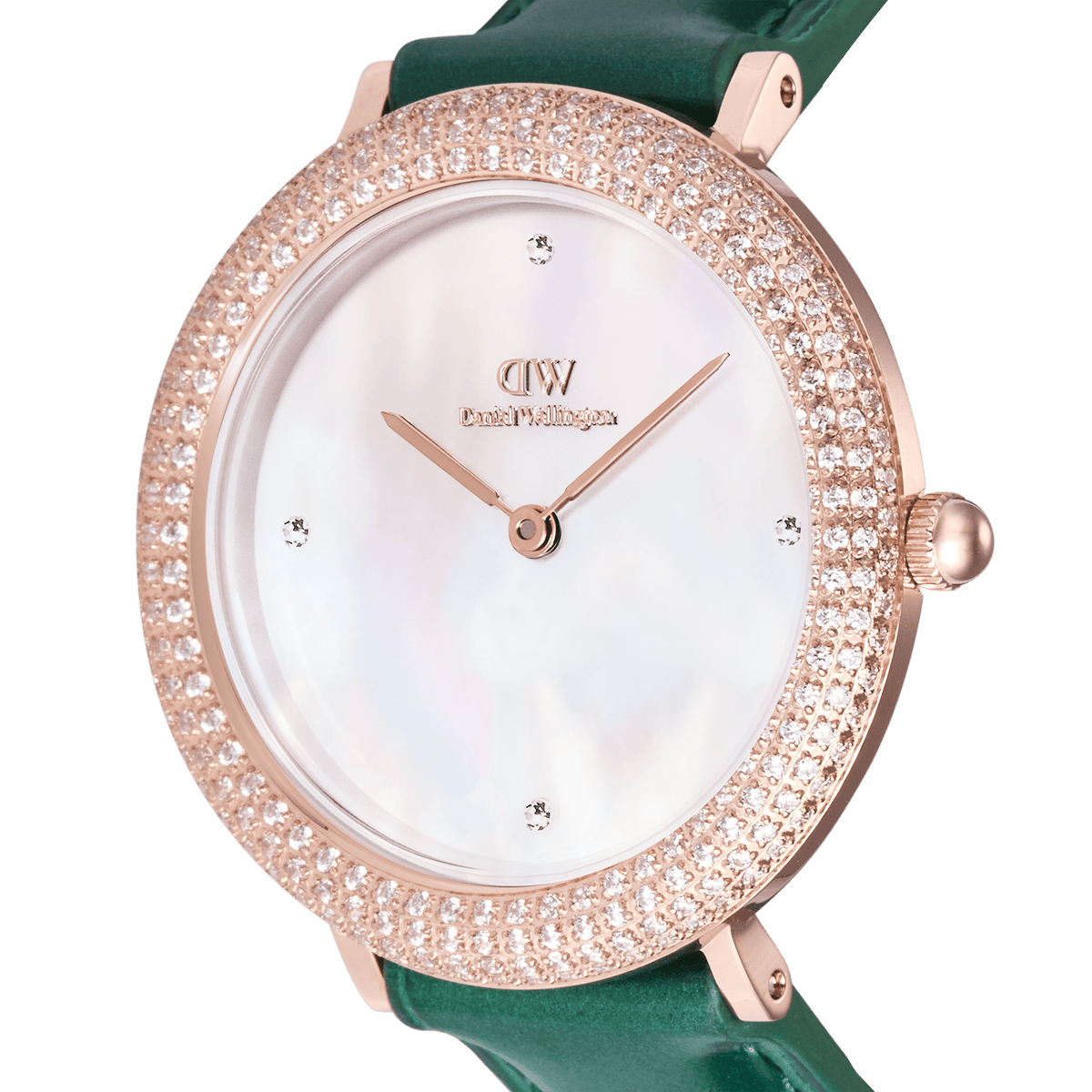 Close-up of the Crystalline Bezel Green Croc Rose Gold ladies watch, featuring a rose gold-plated case with a crystal-set bezel, white mother of pearl dial, and emerald green crocodile-embossed leather strap.
