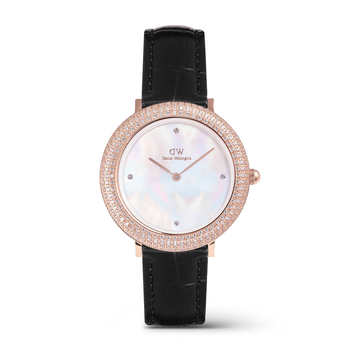 Rose gold ladies watch with a black croc-embossed leather strap, a shimmering crystal-set bezel, and a white mother of pearl dial with four crystal markers.