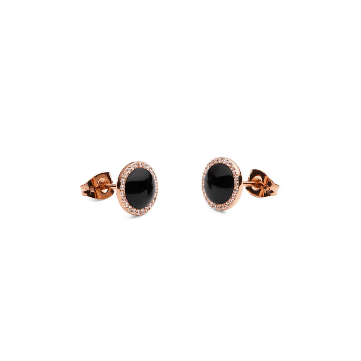 Audrey Earrings Black Agathe Rose Gold shown from a side angle, highlighting the domed black agate centre, rose gold setting, and sparkling cubic zirconia halo with secure butterfly clasps.