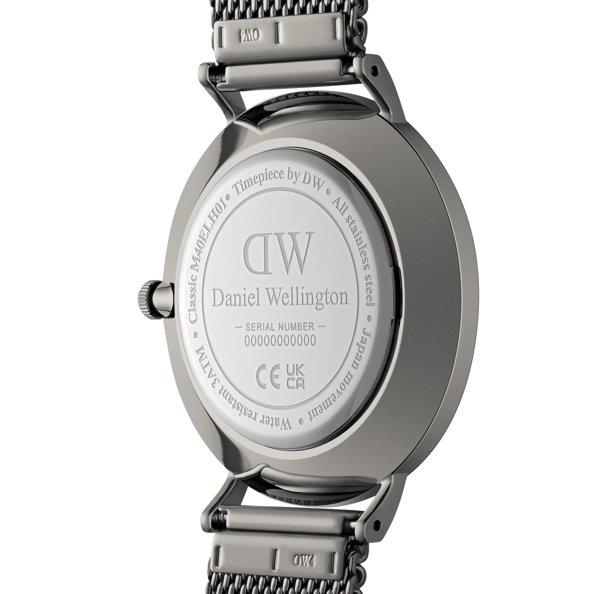 Back view of the Classic Multi-Eye Mesh Graphite men's watch, showing the engraved stainless steel case, mesh strap, and water resistance details.