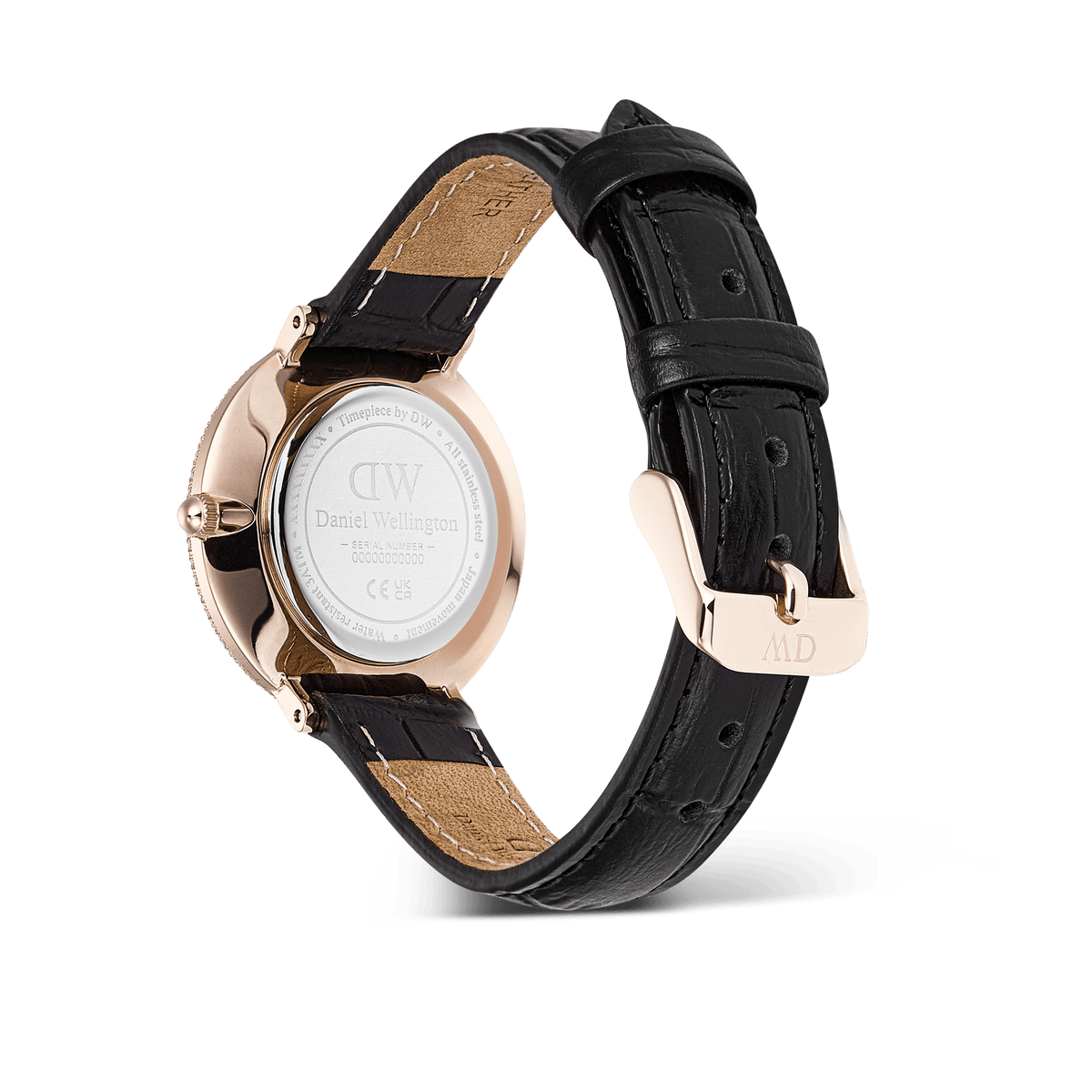 Back view of the Crystalline Bezel Black Croc Rose Gold ladies watch showing the rose gold case, engraved case back, and black croc-embossed leather strap with rose gold buckle.