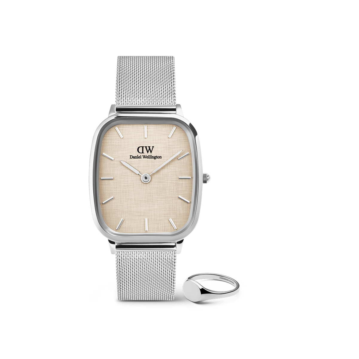 Silver mesh strap watch with a square yellow dial and a polished silver signet ring, both from the Marlon & Classic Mini Signet Ring Silver Set, styled for men seeking minimalist and versatile jewellery.