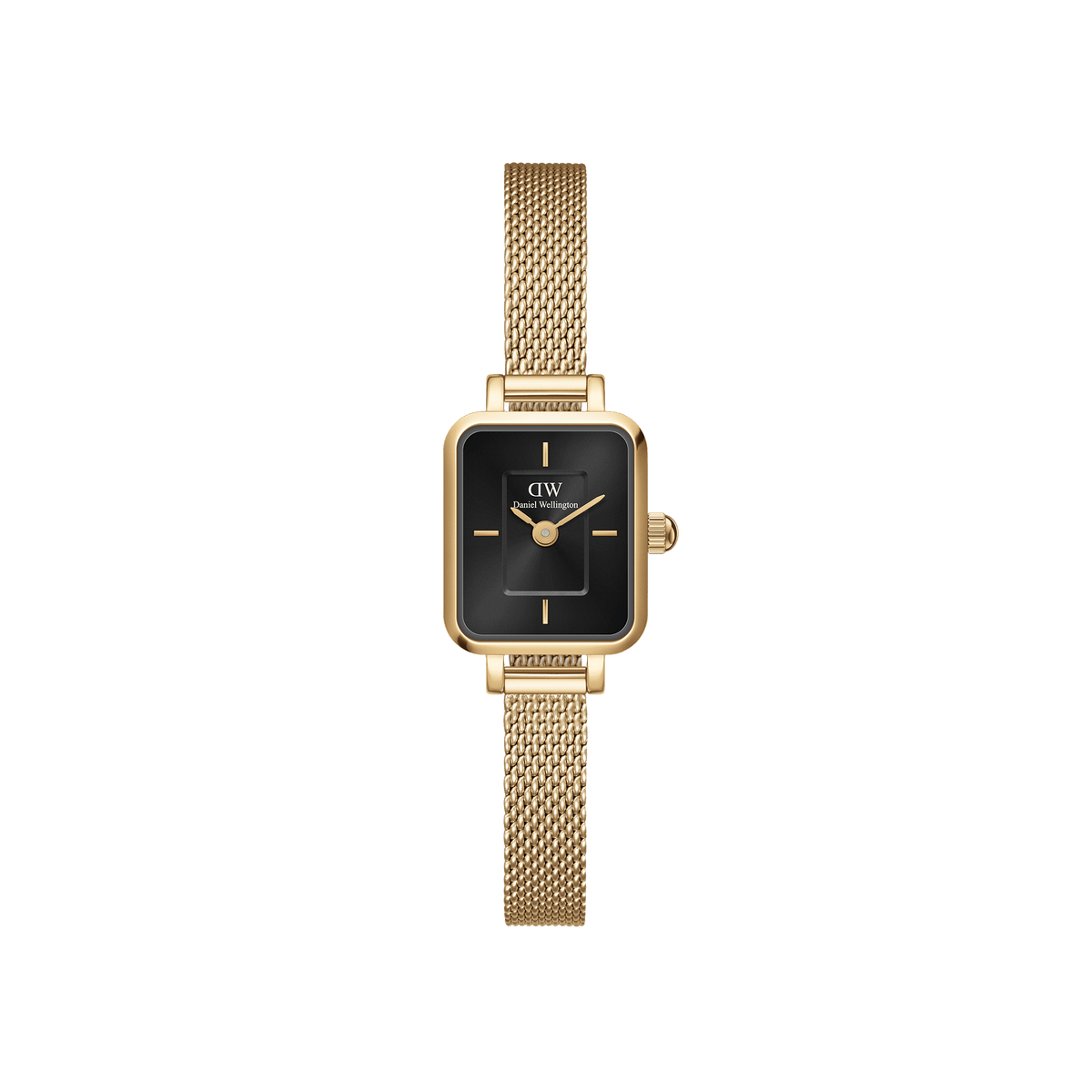 Quadro Mini Evergold Onyx gold watch for women featuring a rectangular black dial and a gold mesh strap, designed with a minimalist case and petite size for a refined, everyday look.