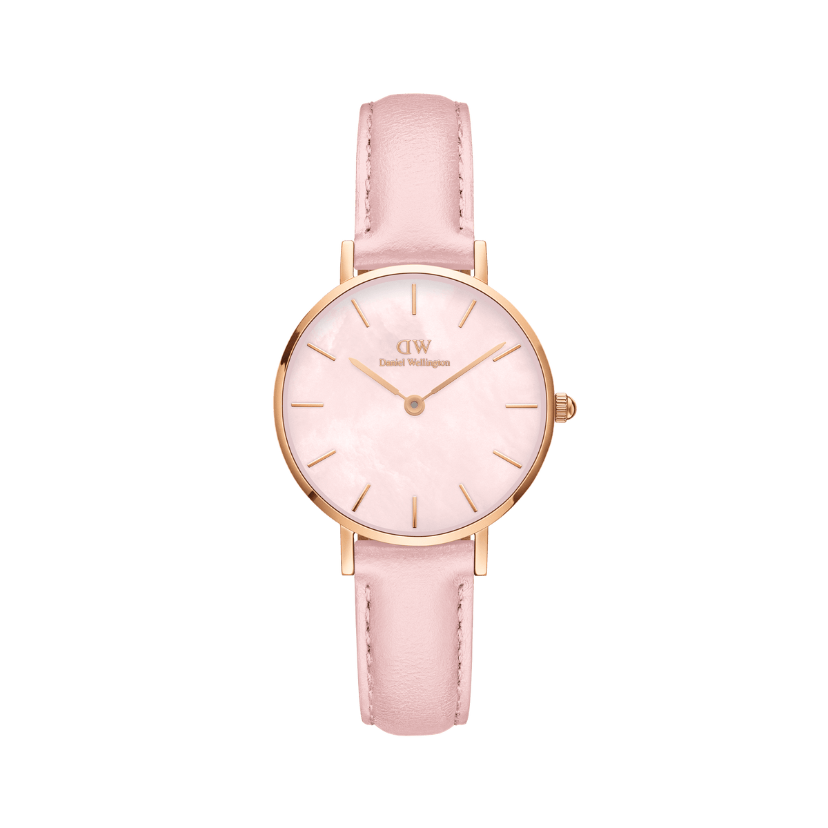 Petite Cherry Blossom ladies watch featuring a pastel pink mother of pearl dial, slim rose gold case, and soft pink leather strap, designed for comfortable everyday wear and a timeless look.