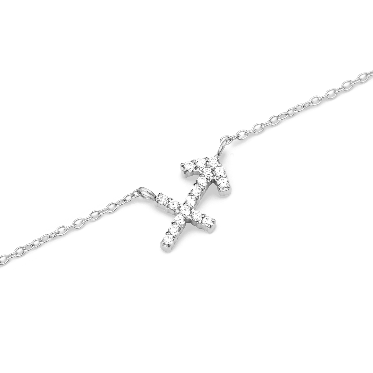 Close-up of the Crystal Zodiac Chain Necklace Silver showing a Sagittarius pendant crafted in silver and set with sparkling crystals on a fine chain.
