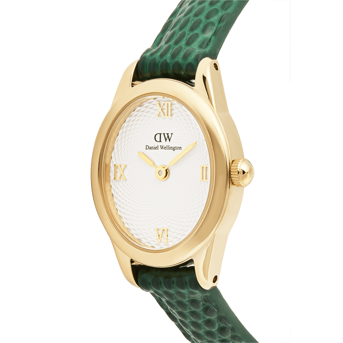 Close-up of the Daniel Wellington Ophelia Mini Green Lizard White Guilloché Gold watch, showing its polished gold-tone oval case, textured white guilloché dial with gold Roman numerals, and green lizard-embossed leather strap.