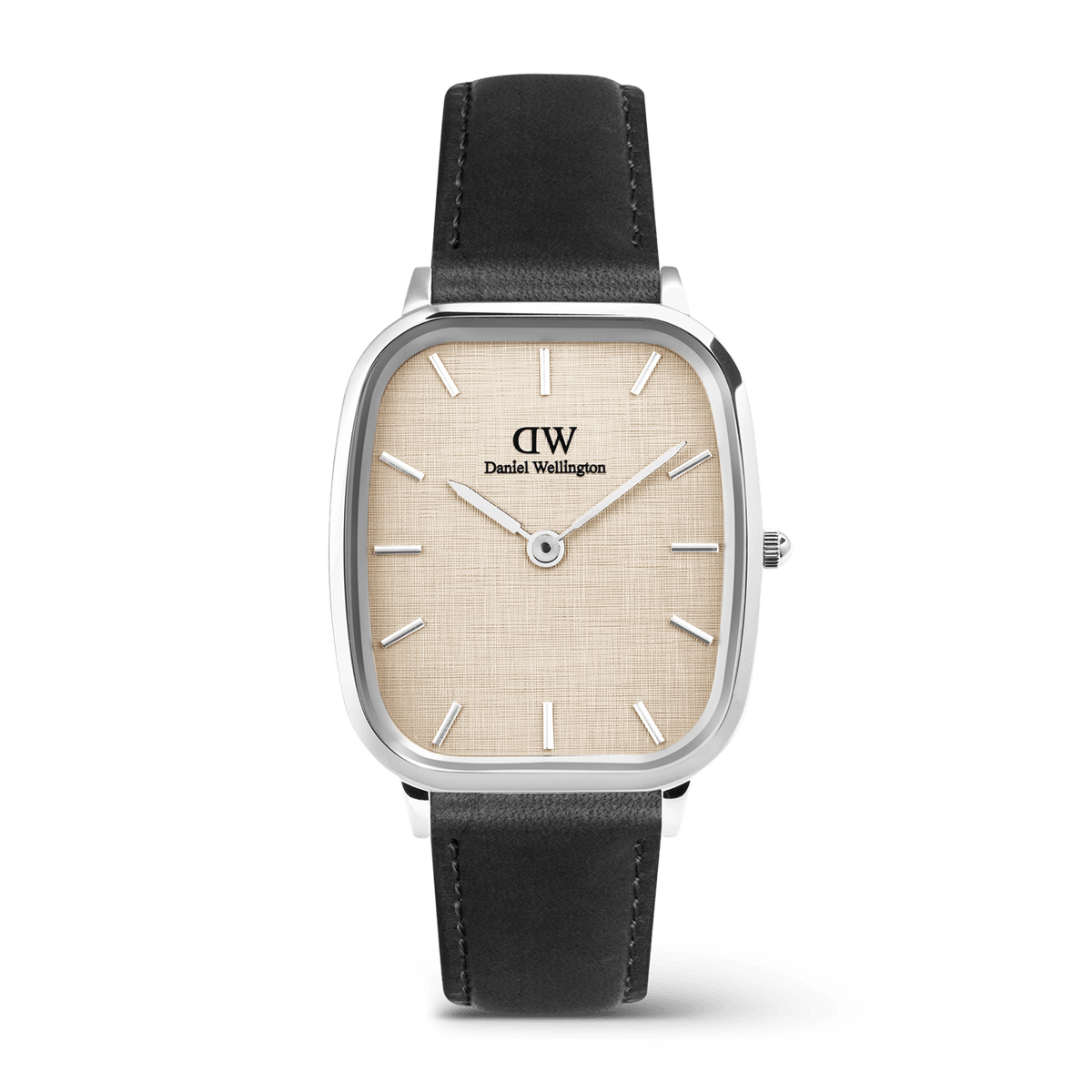 Marlon Sheffield Linen Silver men's watch featuring a rectangular stainless steel case, linen-textured beige dial with minimalist silver markers, and a classic black leather strap.