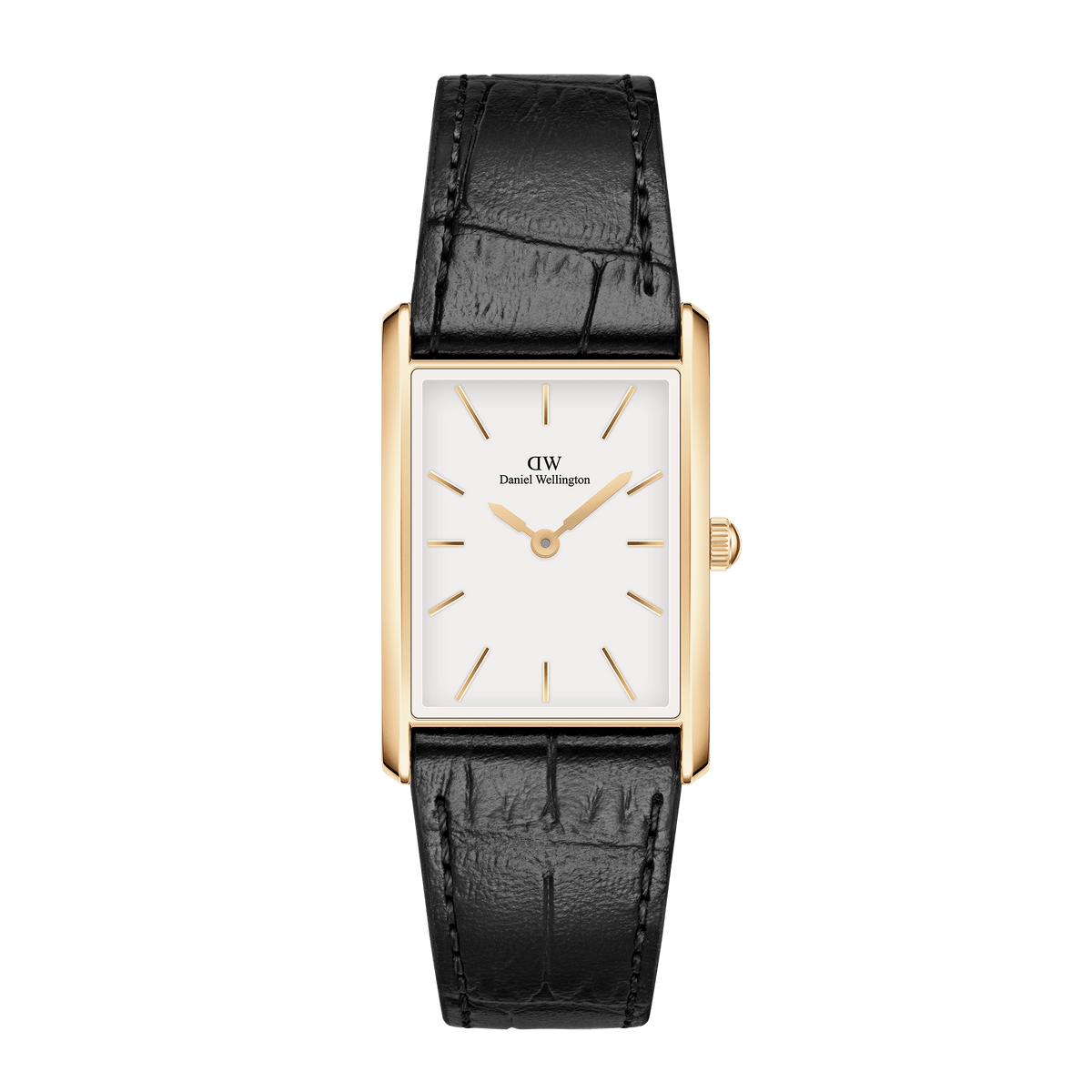 Rectangular gold Daniel Wellington Bound Black Crocodile Gold watch with a minimalist white dial and a black crocodile-embossed leather strap, ideal for both formal and casual wear.