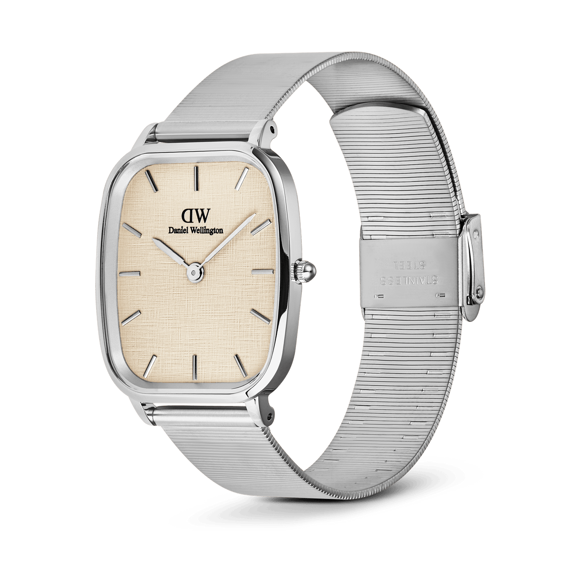Marlon Wire Linen Silver men’s watch featuring a rectangular silver stainless steel case, soft yellow linen-textured dial, minimalist hour markers, and an adjustable silver mesh strap with clasp buckle.