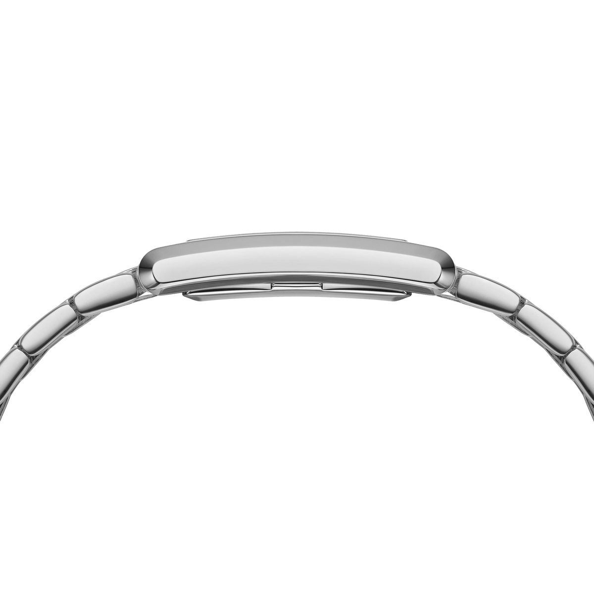Bound 9-Link Silver ladies watch featuring a slim rectangular stainless steel case and integrated silver bracelet, shown from the side to highlight its low-profile design.