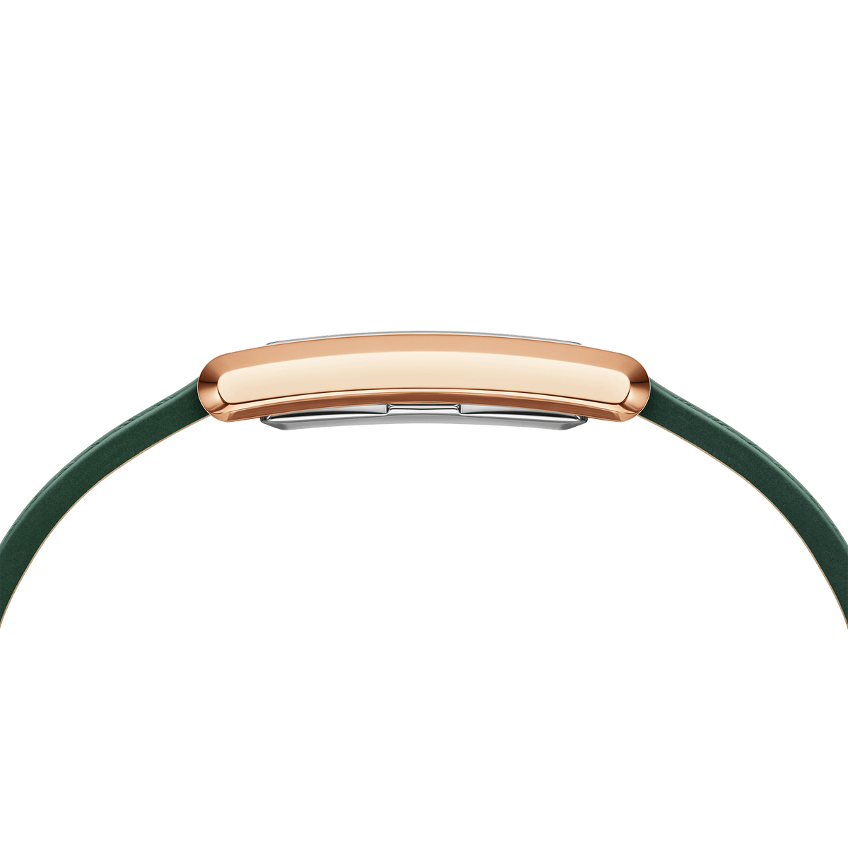 Side profile of the Bound Crocodile Emerald Sunray Rose Gold watch, highlighting its slim rose gold case and green leather strap.