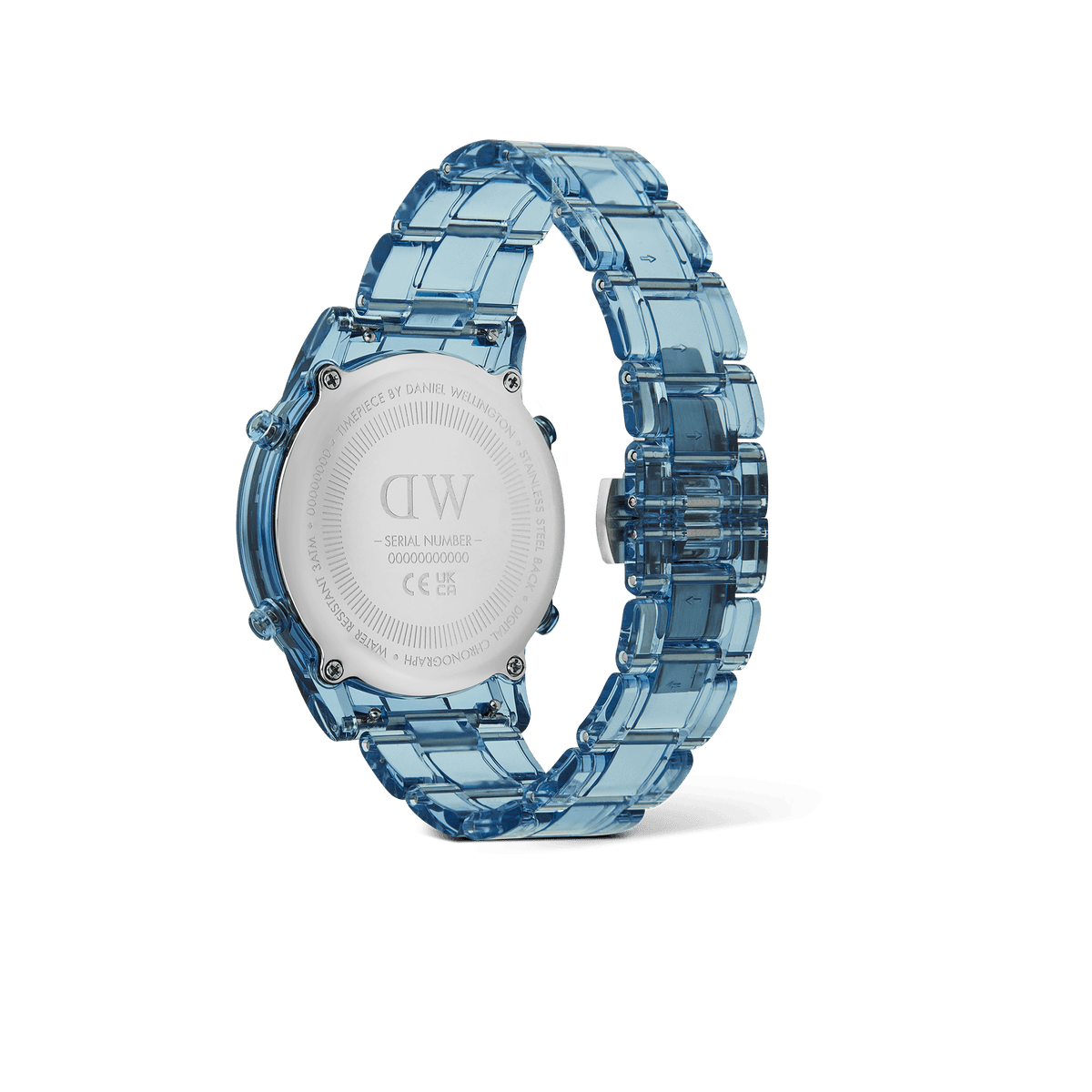 Rear view of the Retro Digital Light Blue Light Blue watch by Daniel Wellington, showing the engraved stainless steel case back and transparent light blue link bracelet.