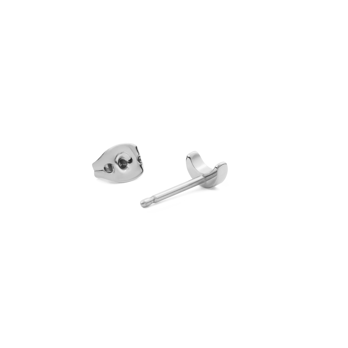 Polished silver Moon Stud Silver earring with a petite crescent shape and secure backing, crafted from stainless steel for comfortable everyday wear.