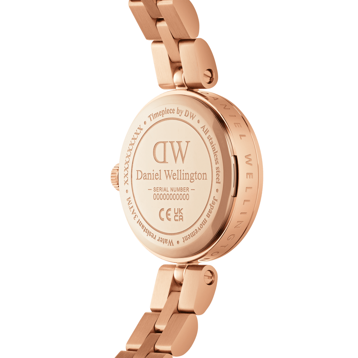 Back view of the Elan Lumine Malachite Rose Gold ladies watch, showing the engraved stainless steel case, rose gold bracelet links, and water resistance markings.
