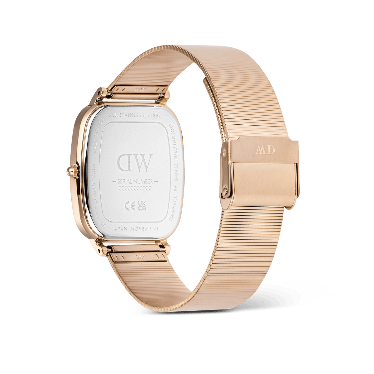 Back view of the Marlon Wire Linen Rose Gold watch showing the stainless steel case, engraved clasp, and slim rose gold mesh strap with a secure buckle.