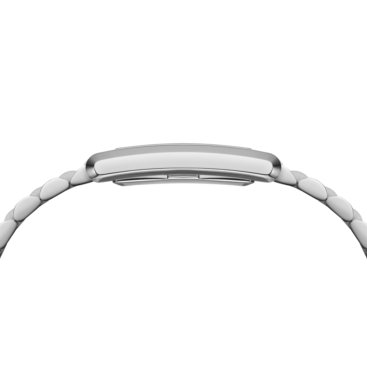 Bound 3-Link Silver watch shown from the side, highlighting its slim rectangular case and streamlined stainless steel bracelet for a comfortable fit.