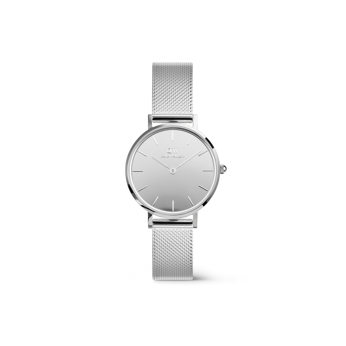 Daniel Wellington Petite Reflection Silver ladies watch with a 28mm mirror-effect silver dial and a slim, polished mesh strap, featuring a minimalist design ideal for everyday and formal occasions.
