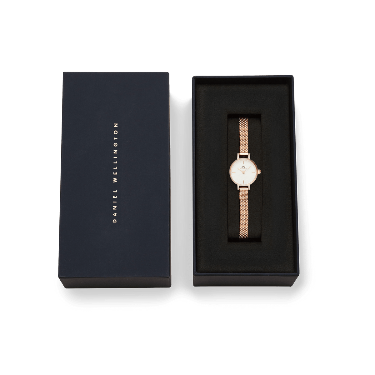 Petite Mini Melrose ladies watch with a rose gold mesh strap and minimalist white dial, elegantly presented in a branded Daniel Wellington gift box.