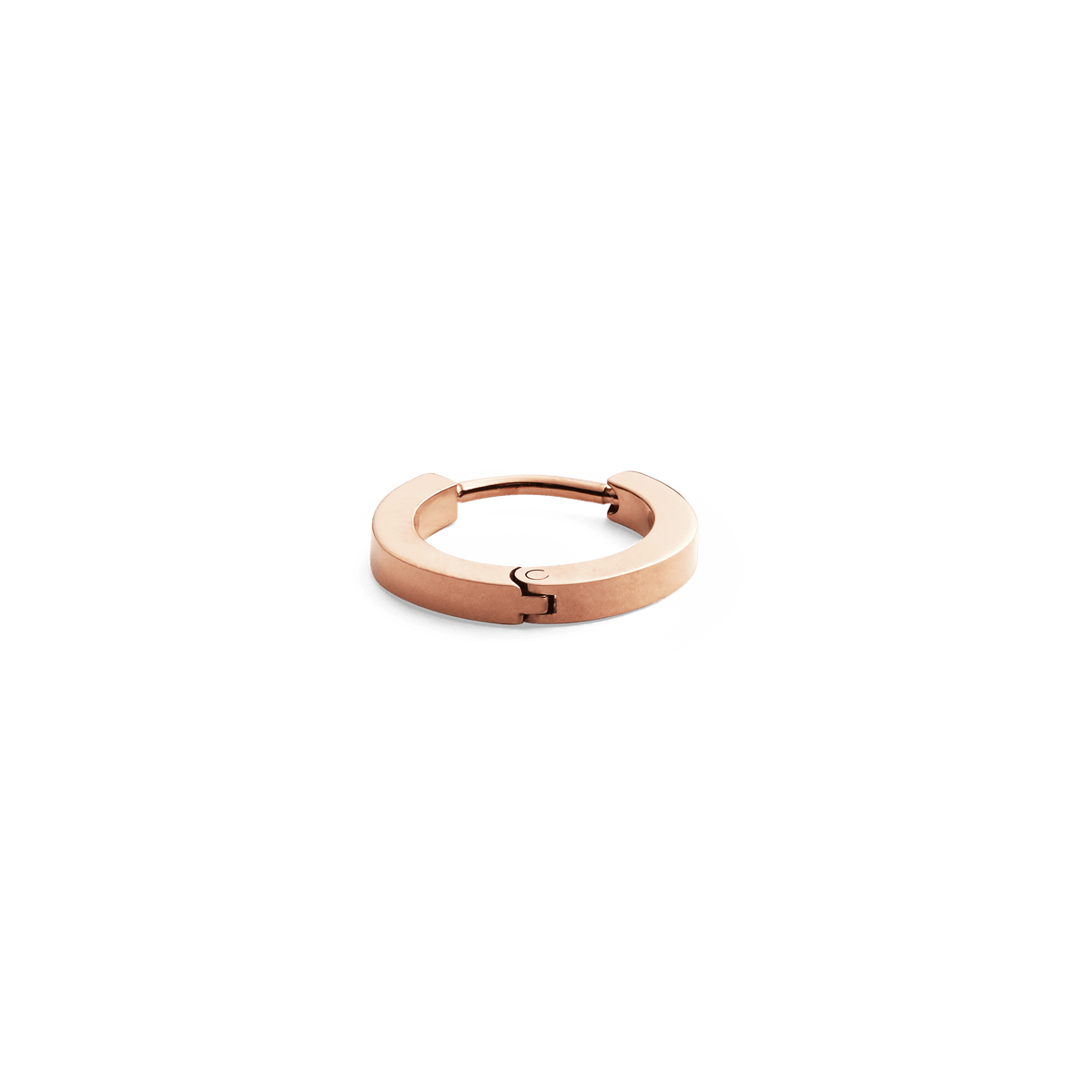 Rose gold hoop earring with a sleek, minimal design and a secure hinged clasp, shown against a plain background.