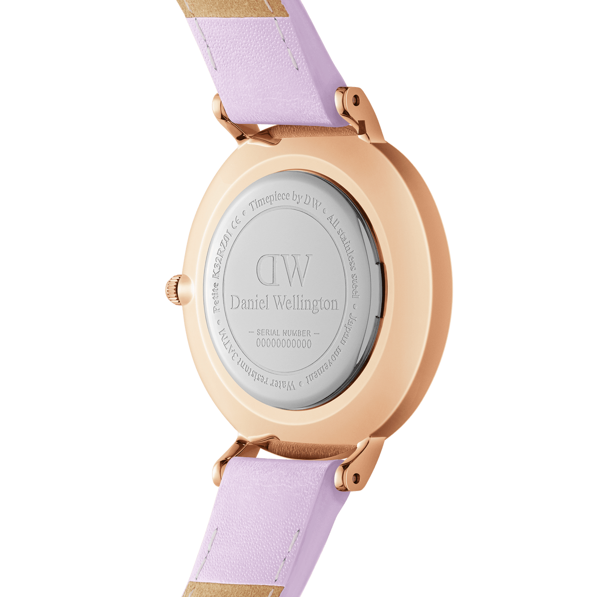Back view of the Petite Lavender Rose Gold ladies watch showing the engraved stainless steel case and pastel lavender leather strap, highlighting its quality craftsmanship and adjustable design.