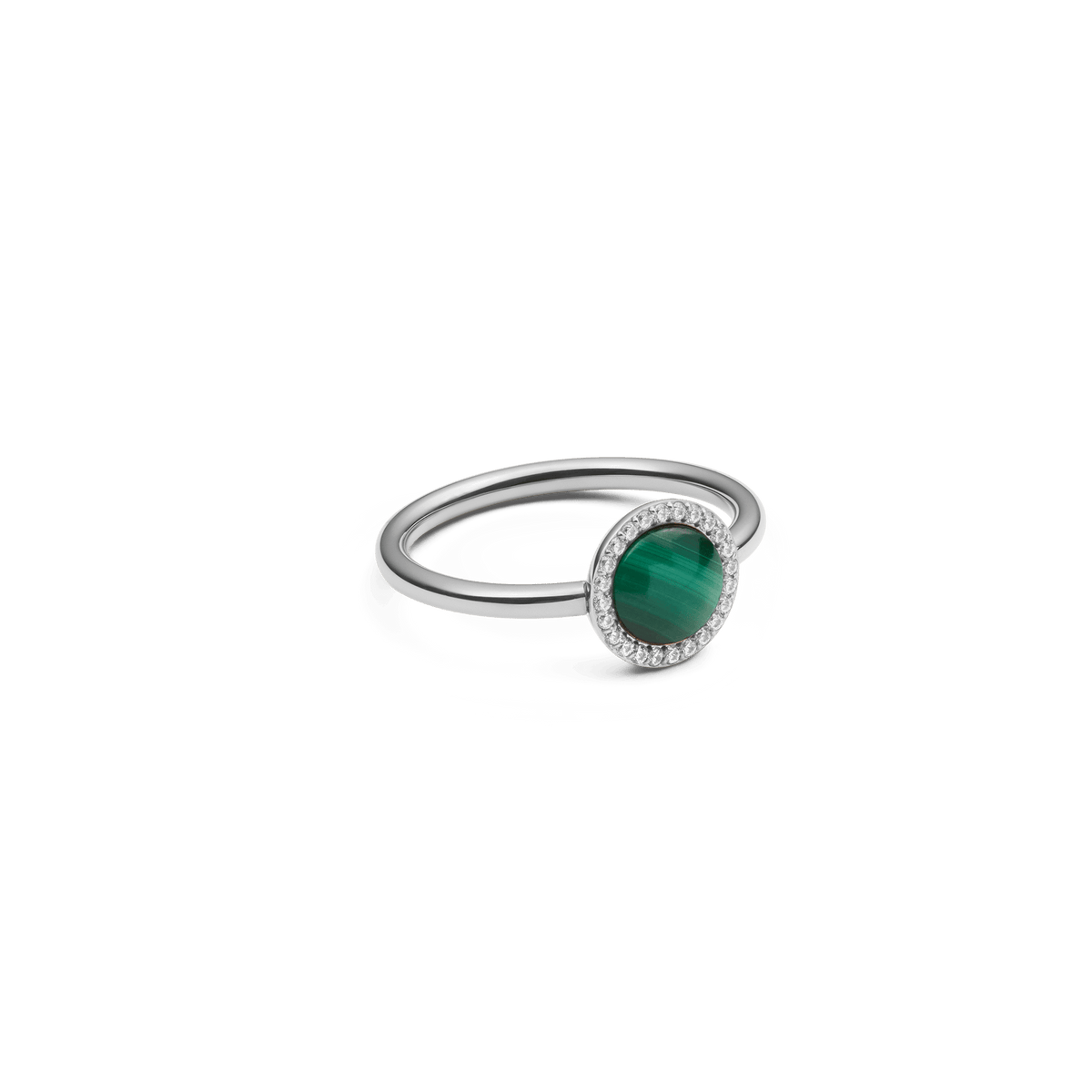 Silver ring with a round green malachite centre stone, surrounded by a halo of sparkling cubic zirconia, set on a slim polished band.