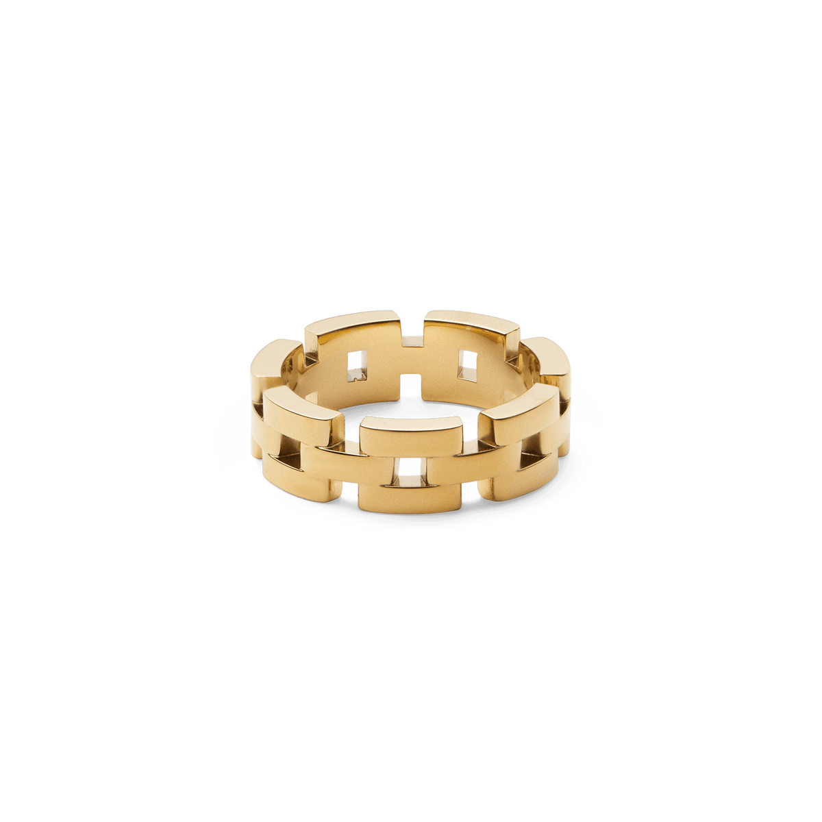 Gold 3-Link Ring featuring bold geometric links and a polished finish, inspired by classic watch straps for a modern yet timeless look.