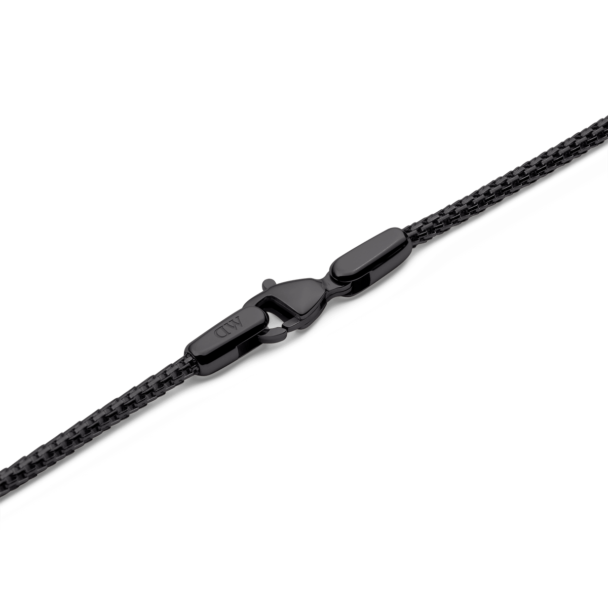 Detail of the Tide Mesh Necklace Black 1.8 showing the sleek black mesh chain and polished lobster clasp, highlighting its secure fastening and refined finish.