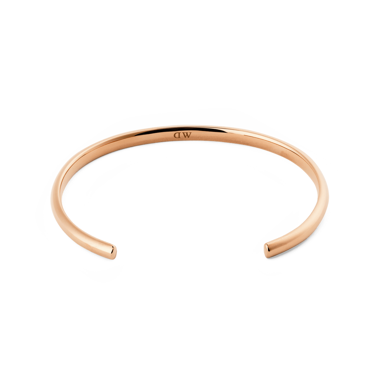Arch Cuff Rose Gold 4mm shown from above, highlighting its slim, open-ended shape and polished rose gold finish with a discreet logo on the inside for a refined, minimalist look.