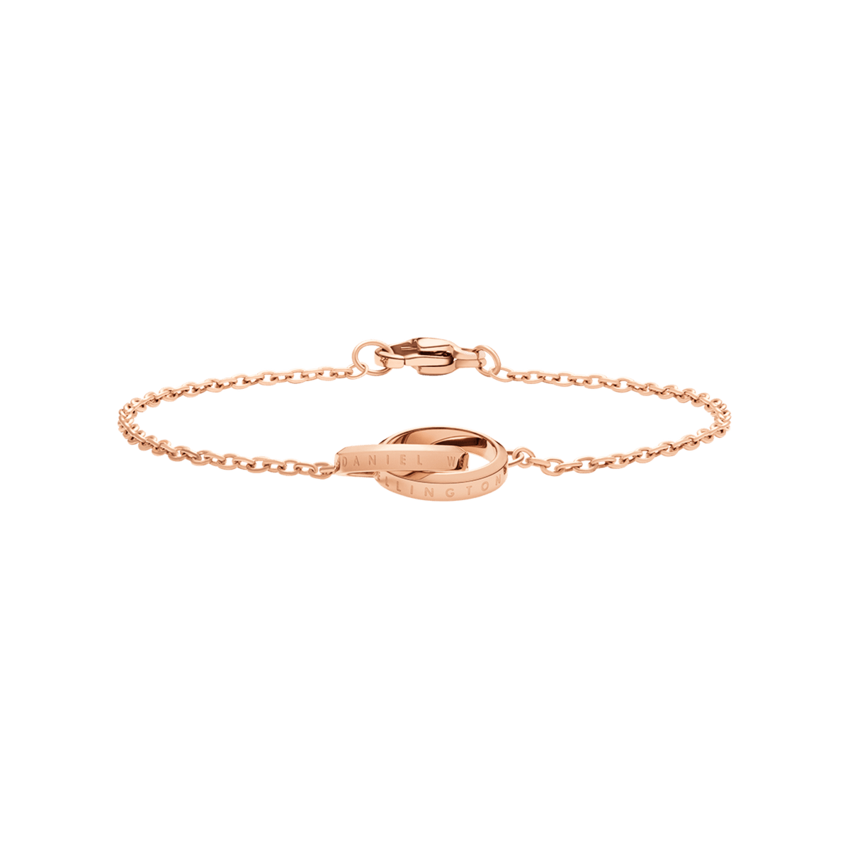 Rose gold Elan Unity Bracelet with two engraved interlocking rings and a fine chain, showcasing a modern minimalist design suitable for both casual and formal wear.