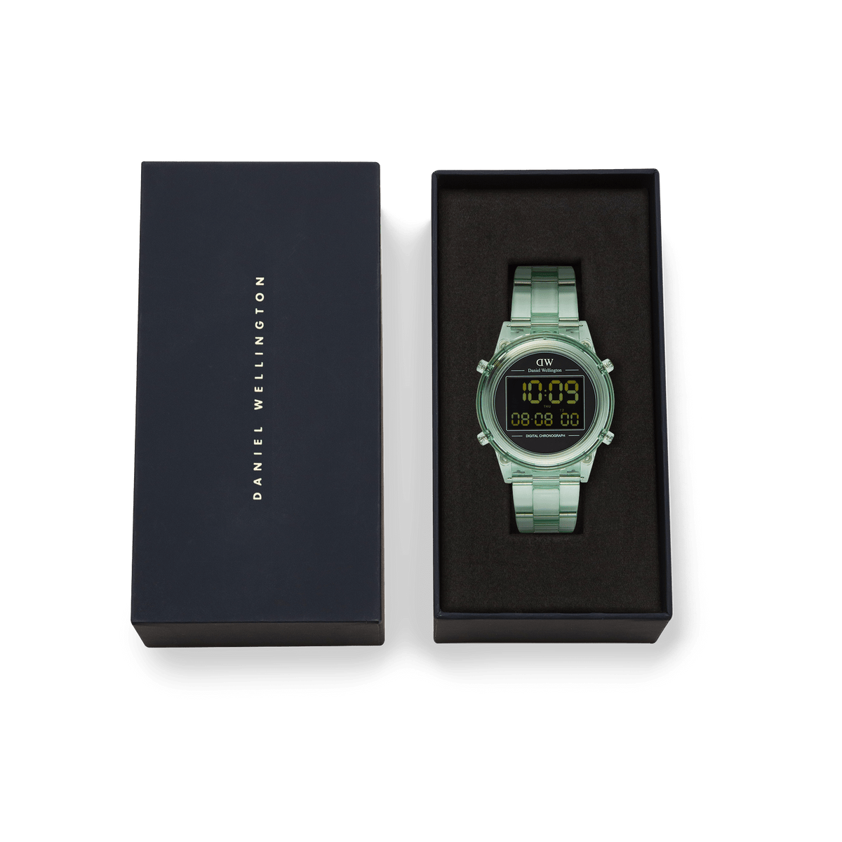 Daniel Wellington Retro Digital Light Green Light Green watch with a transparent light green strap and black digital dial, presented in its original black gift box with the Daniel Wellington logo.