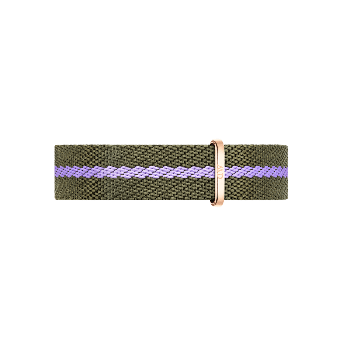 Green and purple NATO watch strap with a rose gold buckle, made from recycled nylon and designed for Daniel Wellington ladies watches, offering a comfortable and adjustable fit for petite wrists.
