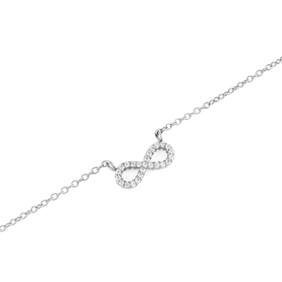 Close-up of the Mirelle Infinity Necklace Silver, featuring a delicate infinity pendant set with white cubic zirconia crystals on a fine silver chain.