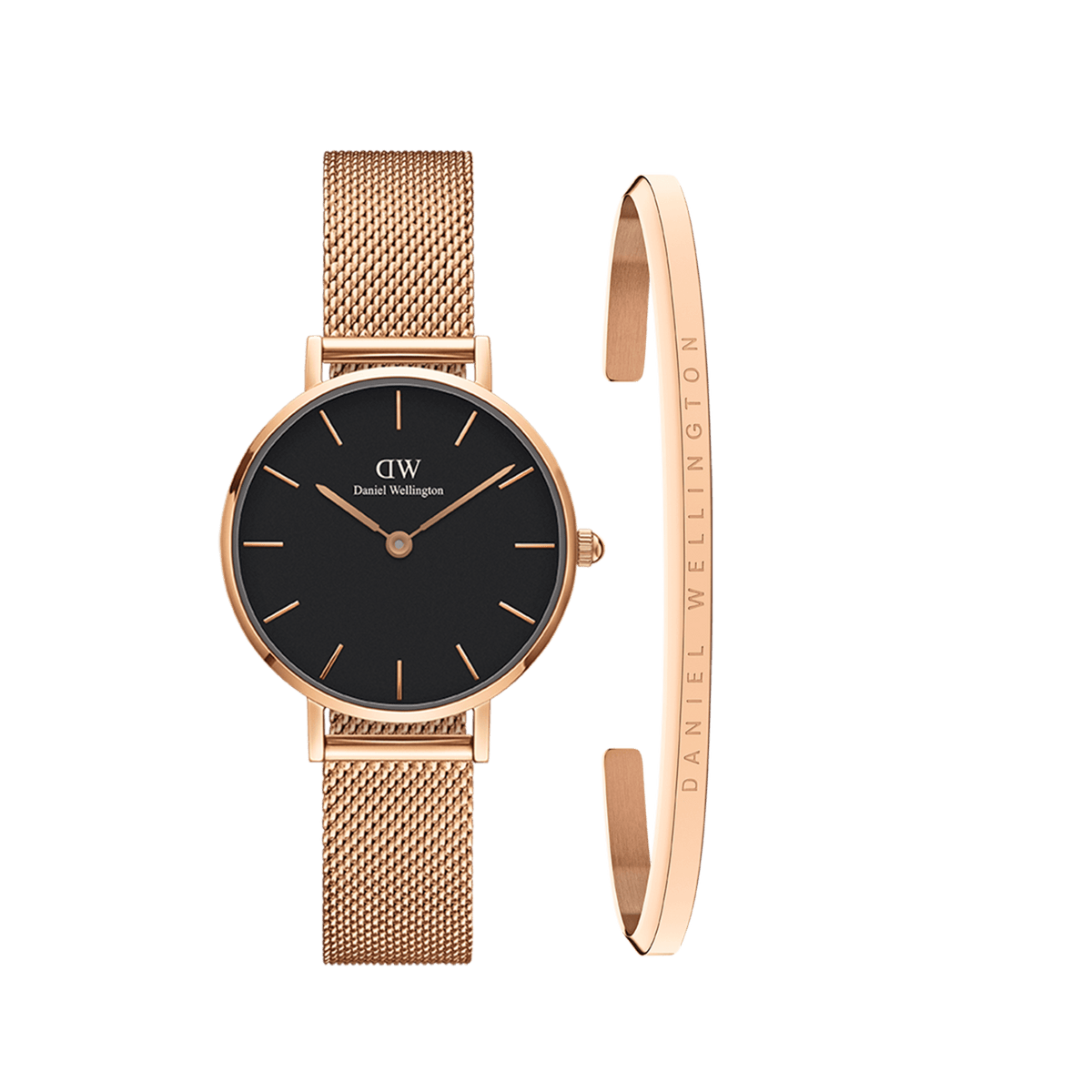 Rose gold ladies watch with a black dial and adjustable mesh strap, paired with a slim rose gold bracelet engraved with Daniel Wellington, presented as a coordinated jewellery set.