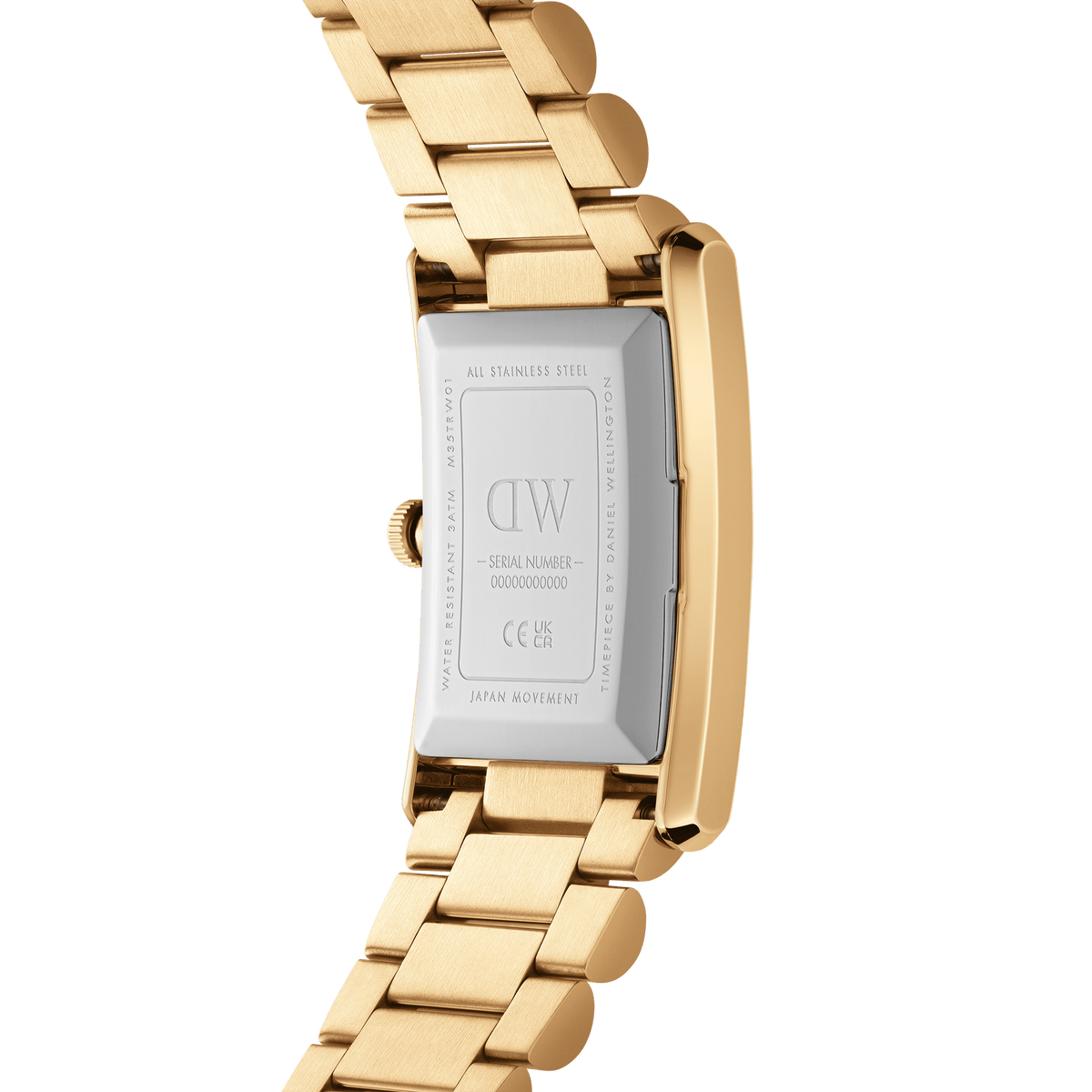 Bound 3-Link Gold watch showing the stainless steel case back, gold rectangular frame, and polished 3-link bracelet, highlighting its durable construction and Japanese movement.