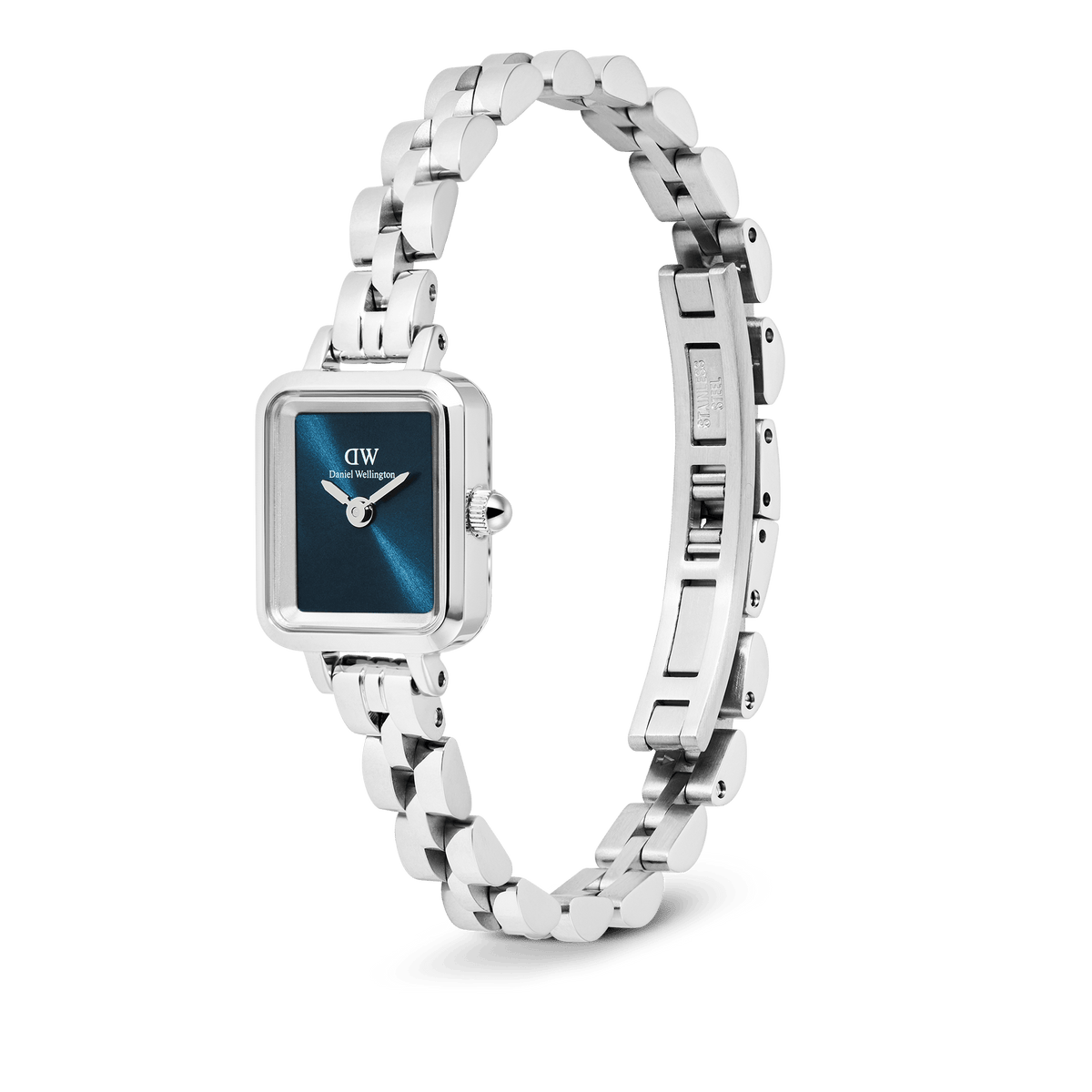 Quadro Mini Arch 3-link Arctic Sunray Silver watch with a rectangular stainless steel case, polished silver three-link bracelet, and a striking blue dial, shown with its butterfly clasp open.