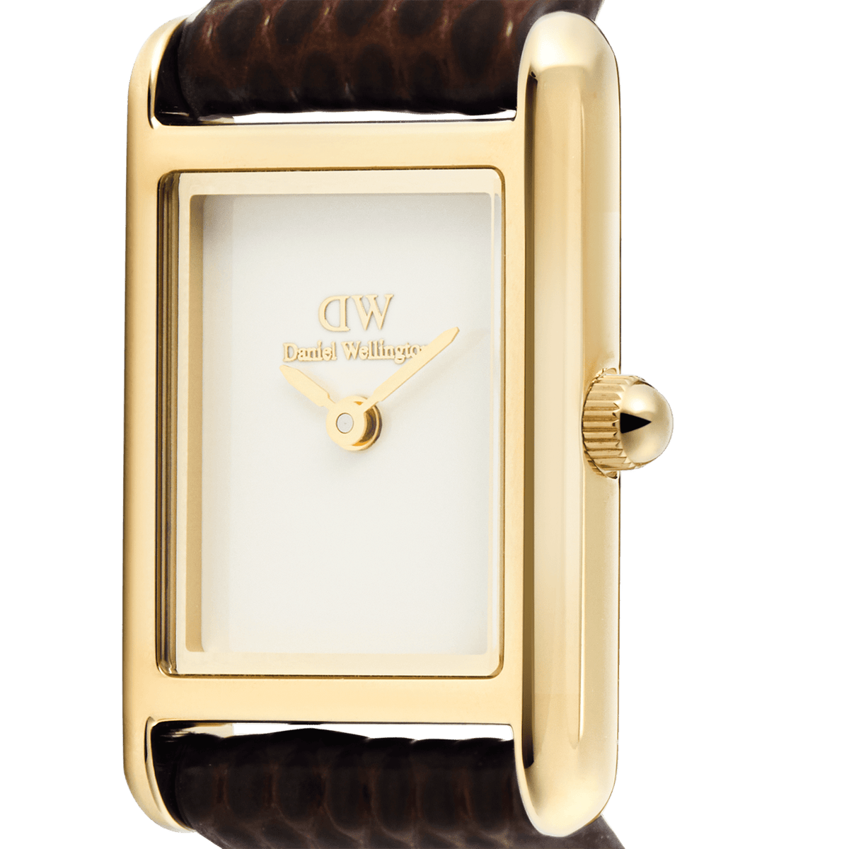 Close-up of the Bound Mini Dark Brown Lizard Gold watch showing its rectangular gold case, minimalist white dial, and textured brown lizard grain leather strap.