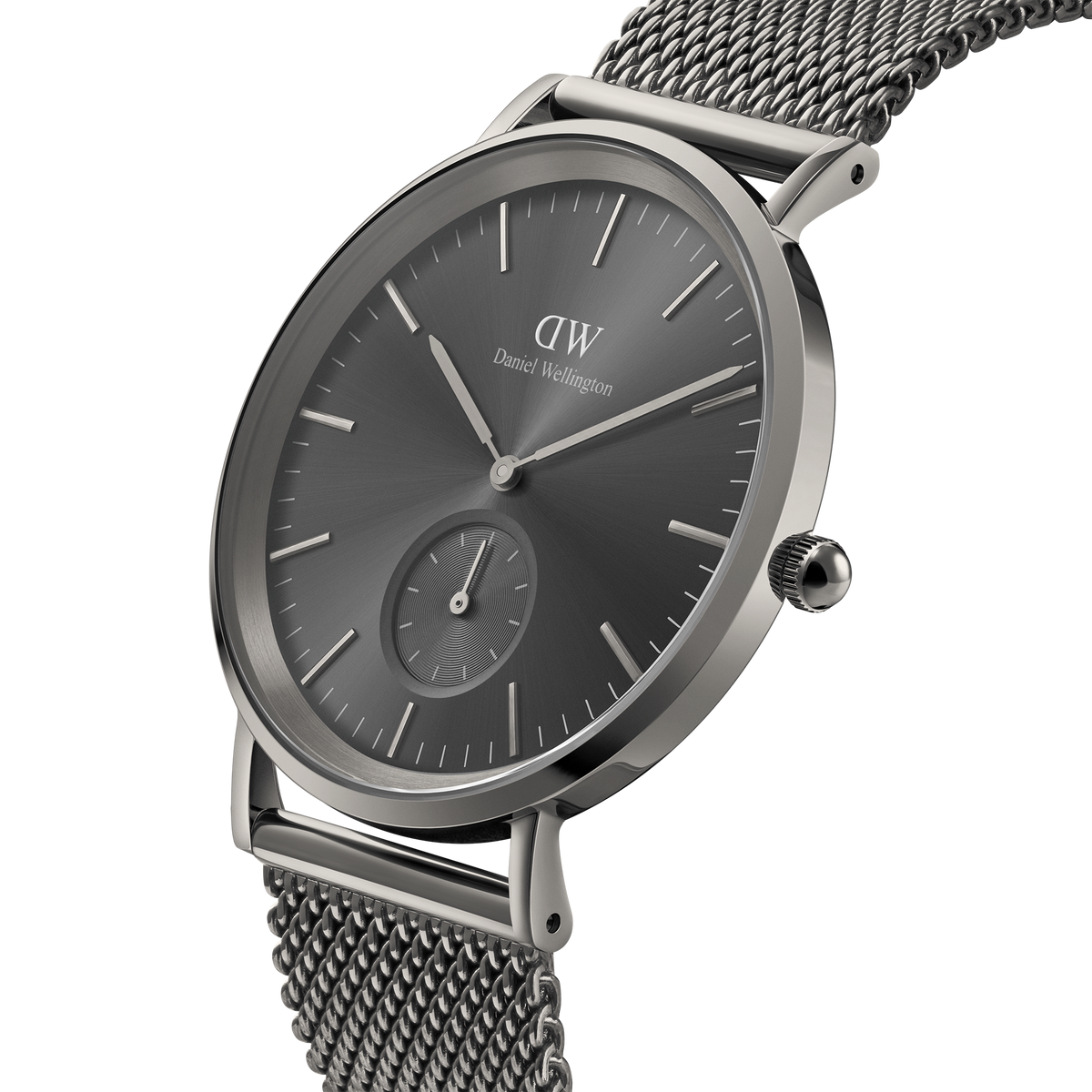 Classic Multi-Eye Mesh Graphite men's watch with a graphite sunray dial, minimalist markers, and a stainless steel mesh strap, shown from a side angle to highlight its sleek case and modern design.