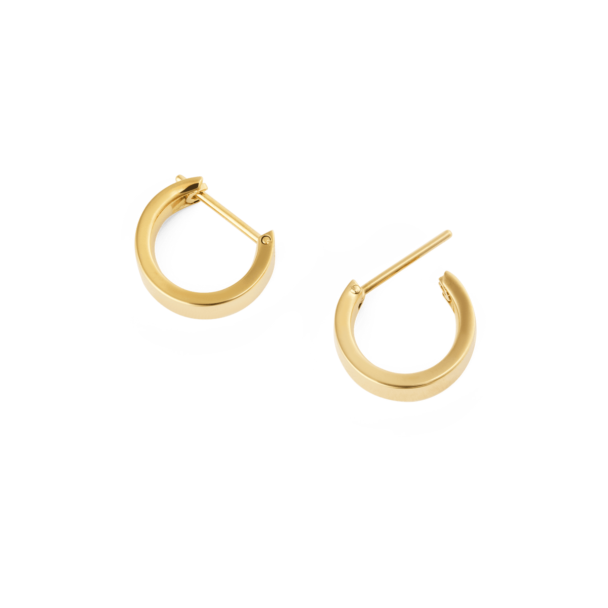 Line Earrings Polished Gold 3.5mm shown open, highlighting their minimalist hoop design, mirror-like shine, and secure latch-back closure suitable for everyday wear.