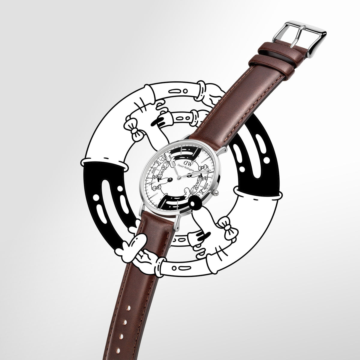 Steven Harrington x Daniel Wellington Bristol BW dial & Strap Silver watch with a brown leather strap and silver case, featuring a playful illustrated dial set against matching graphic artwork.
