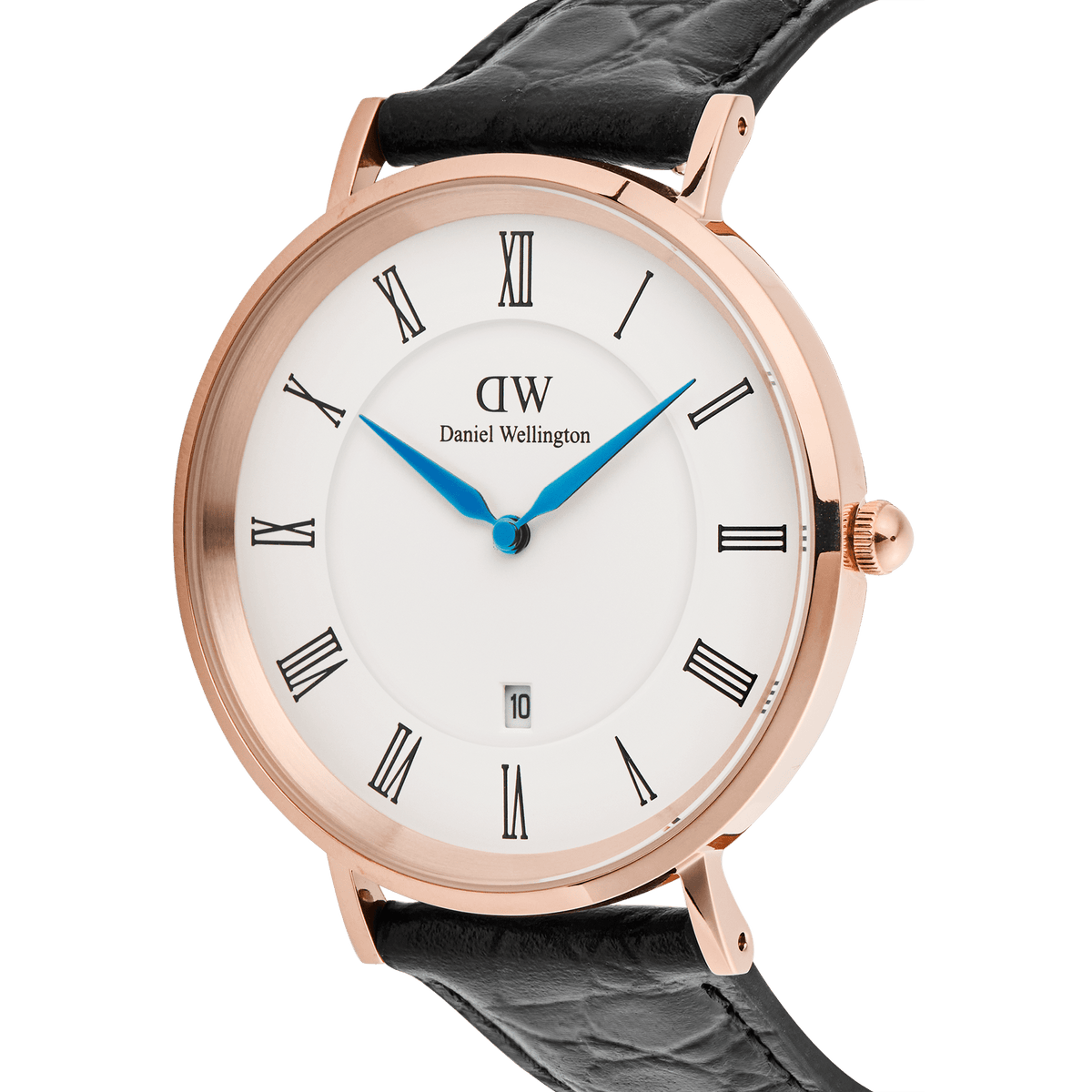 Classic Roman Numerals Date Black Croc Belly Rose Gold watch with a rose gold case, white dial featuring black Roman numerals, blue hands, a date window at six o’clock, and a black croc-embossed leather strap.